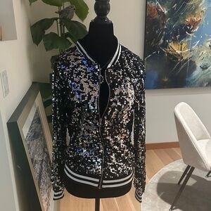 Glam Sequin Bomber Jacket - Black white, Silver
